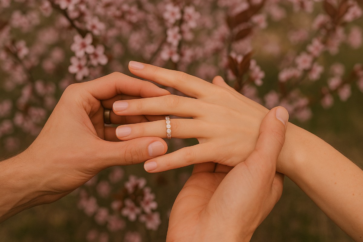 Main féminine portant une alliance en diamant à l’annulaire gauche, tenue par des mains masculines, sur fond de fleurs rose pastel – symbole d’amour et d’union.